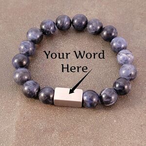 New Custom Word Engraved Silver & Dark Blue Soladite Beaded Stretch Brac…